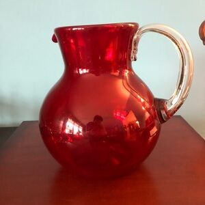 Vintage large ruby Red Glass Pitcher with Clear Handle